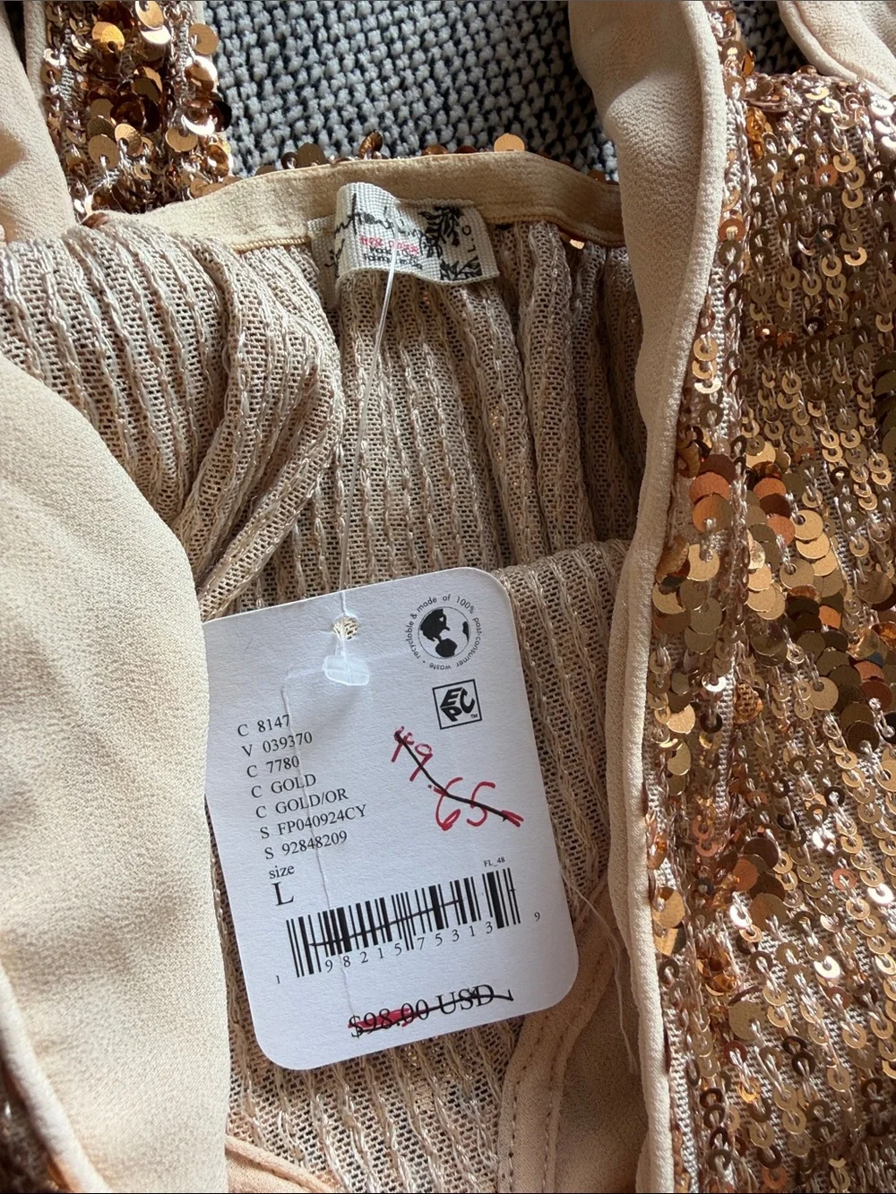 Free People Gold Sequin V-Neck Mini Slip Dress sz Lg